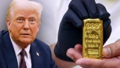 Trumps Haltung zum Ukraine-Krieg lässt viele Anleger derzeit zu Gold greifen. (Bild: Krone KREATIV/AFP, YASSER AL-ZAYYAT / AFP / picturedesk.com)