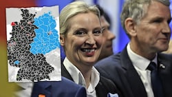 Zweigeteilte Polit-Landkarte in Deutschland: Während in den westdeutschen Bundesländern die Union dominierte, räumte die AfD mit ihrer Spitzenkandidatin Alice Weidel im Osten ab. (Bild: Krone KREATIV/AFP Screenshot/X.com)