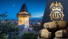 Mafia unter dem Uhrturm – Graz im Mittelpunkt eines filmreifen Drogenkrimis: 400 Kilo Heroin sollte in der steirischen Landeshauptstadt übergeben werden. (Bild: Krone KREATIV)