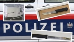 Der Fluchtwagen und zwei bei den Taten eingesetzte Messer (Bild: Krone KREATIV/LPD NÖ LKA)