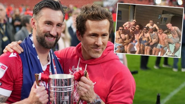 Der Klub von Hollywood-Schauspieler Ryan Reynolds und Kollege Rob McElhenney feiert den dritten Aufstieg in Folge – in Las Vegas! (Bild: Krone KREATIV/ASSOCIATED PRESS/Jon Super, Instagram.com/macajw)
